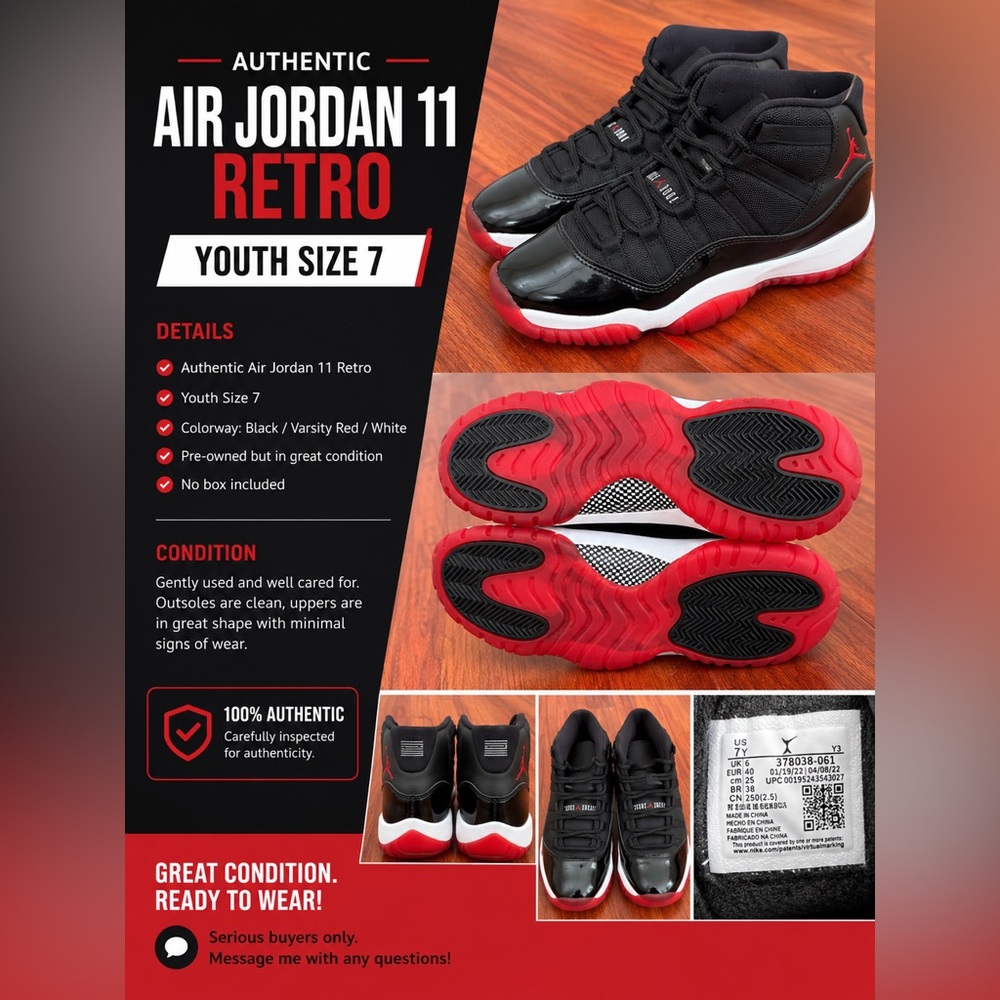 Jordan 11 Retro Youth Size 7 – Well Kept no creases, 100% Authentic
